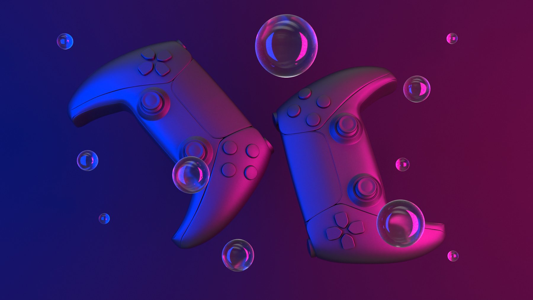 Abstract game controllers, transparent soap bubbles with reflections. Retro neon game controllers. Gamepads for games. Sci-fi Cyber futuristic purple-blue joystick. Game adventure. Virtual reality